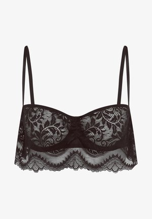 Black lace bra with floral patterns, scalloped edges, and thin straps. Features a soft, sheer texture and structured design.