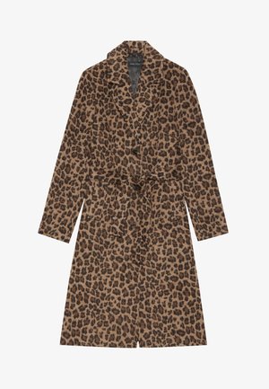 Leopardų rašto paltas su ilgomis rankovėmis, dirželiu juosmenyje, dviem priekinėmis kišenėmis ir apykaklės dizainu kakaviniuose ir juoduose atspalviuose ant šviesiai rudos fono.