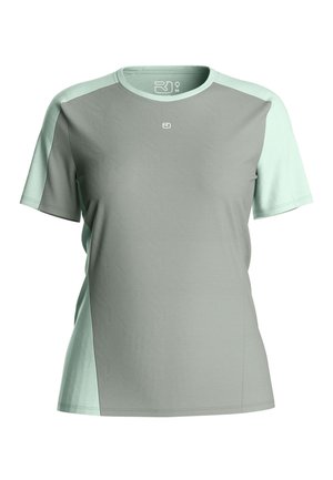 Light green and gray short-sleeve athletic t-shirt with round neck and small logo on the chest.