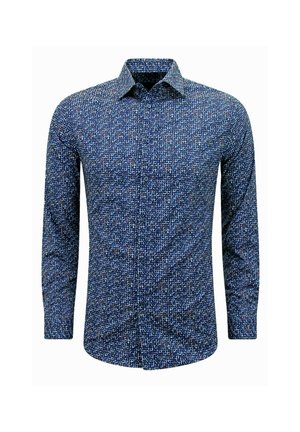 Herenoverhemd met lange mouwen en knopen, met een abstract patroon in blauw, wit en rood en een klassieke kraag.