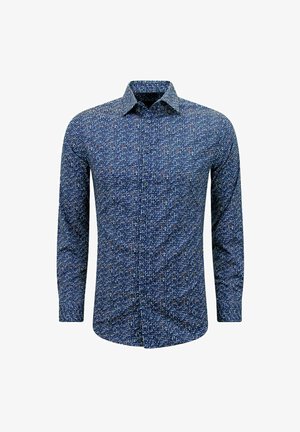 Herenoverhemd met lange mouwen en knopen, met een abstract patroon in blauw, wit en rood en een klassieke kraag.