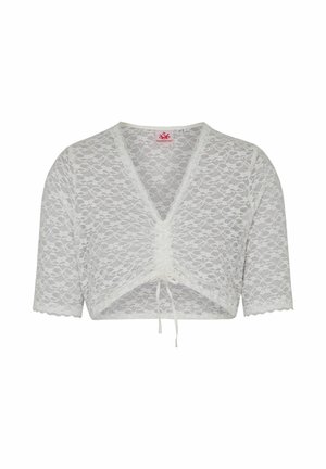 Weiße Spitzenbluse, bauchfrei, mit kurzen Ärmeln, V-Ausschnitt und vorne gerafftem Kordelzugdetail.