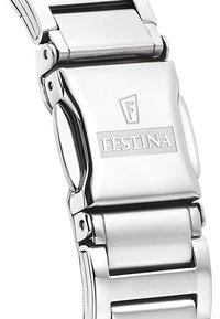 Srebrny stalowy pasek do zegarka z polerowanym wykończeniem, z zapięciem z grawerowanym logo "FESTINA" oraz eleganckim, nowoczesnym designem.