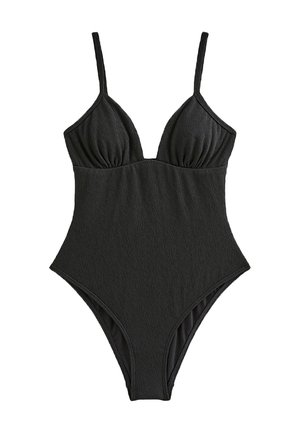 Czarny jednoczęściowy kostium kąpielowy wykonany z fakturowanej tkaniny, z głębokim dekoltem, cienkimi regulowanymi ramiączkami i wycięciami na nogi w wysokim stylu.
