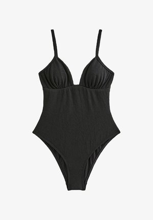 Czarny jednoczęściowy kostium kąpielowy wykonany z fakturowanej tkaniny, z głębokim dekoltem, cienkimi regulowanymi ramiączkami i wycięciami na nogi w wysokim stylu.
