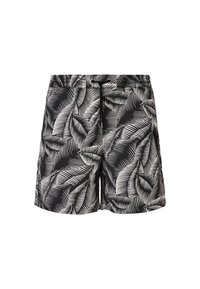 Costumi da bagno in bianco e nero con motivo a foglia tropicale, dotati di un elastico in vita e una vestibilità comoda. Tessuto leggero e superficie liscia.