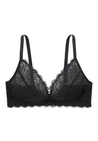 Brassière en dentelle noire avec un motif floral, des bords festonnés, des bretelles ajustables et un petit bouton décoratif au centre devant.