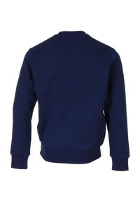 Felpa blu navy in tessuto morbido, con scollo tondo, polsini a costine e orlo a costine. Senza motivi grafici o decorazioni.