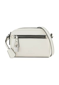 Piccola borsa a tracolla bianca realizzata in materiale liscio. Presenta una chiusura superiore con zip, una tracolla regolabile e finiture nere con dettagli del logo.