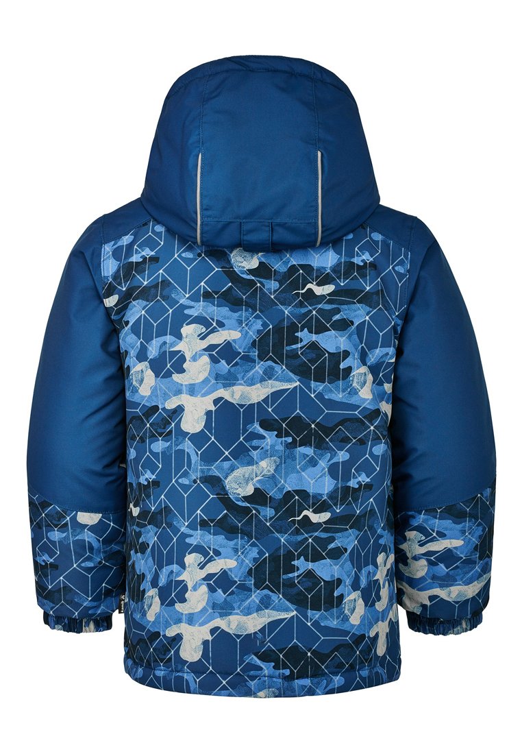 Veste rembourrée bleue avec un motif de camouflage hexagonal dans des teintes de bleu et de gris clair. Elle est dotée d'une capuche et de poignets élastiques.