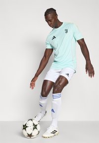 Light blue soccer jersey with black logo, white shorts, and knee-length white socks with blue stripes. Player interacting with a black and white soccer ball.