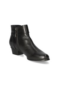 Zwarte leren enkelboot met een ronde neus, zijrits en een gestapelde hak. Het ontwerp heeft een opgestikte manchetaccent.