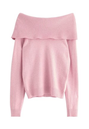 Off-the-shoulder neule vaaleanpunaisena, jossa on ribbitekstuuria kaula-aukossa ja hihansuissa, sekä aaltoileva reuna ja pehmeä neulottu materiaali.