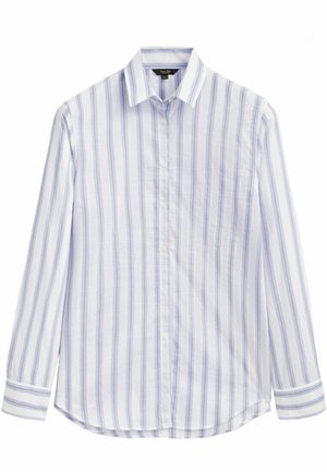 Chemise blanche à manches longues avec des rayures verticales bleu clair, fermeture boutonnée sur le devant, col et poignets boutonnés.