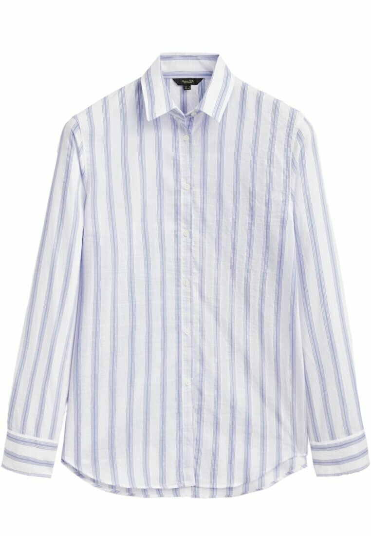 Chemise blanche à manches longues avec des rayures verticales bleu clair, fermeture boutonnée sur le devant, col et poignets boutonnés.