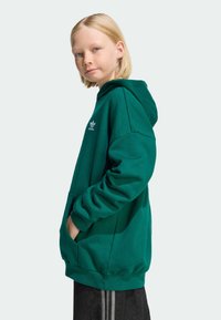 Felpa verde con cappuccio in tessuto morbido, con tasca frontale e logo stampato in bianco. Presenta una vestibilità comoda e polsini a costine.