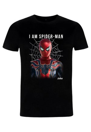 T-shirt nera con stampa grafica del volto e del costume di Spider-Man, con testo bianco "IO SONO SPIDER-MAN" e design di ragnatela sullo sfondo.