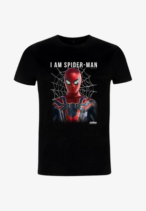 Black t-shirt featuring a graphic print of Spider-Man's face and suit, with white text "I AM SPIDER-MAN" and spider web design in the background.