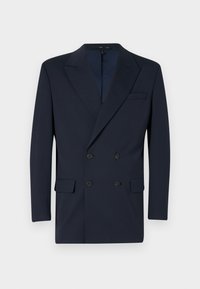 Marineblauwe dubbel-breasted blazer van soepel materiaal, met gesneden revers, twee voorzakken en een sluiting met twee knopen.