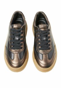 Black and bronze sneakers with a smooth texture, rounded design, lace-up front, and a thick gum sole. Features brand logo on the tongue.