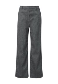 Pantalons à jambes larges en tissu gris foncé avec une texture subtile. Dotés d'un devant plat avec des passants de ceinture et de deux poches latérales.