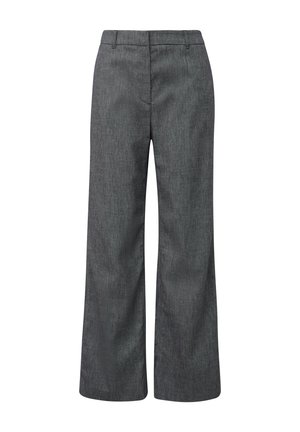 Wide-leg trousers in dark gray fabric with a subtle texture. Features a flat front with belt loops and two side pockets.