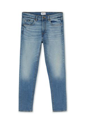 Jeans azzurri chiari con vestibilità slim, caratterizzati da un design sbiadito, stile a cinque tasche e chiusura con bottone e zip standard.