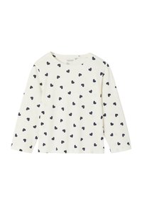 Langarmshirt in Creme mit marineblauen Herzprints, Rundhalsausschnitt, weichem Baumwollstoff und lockerer Passform. Saum sauber und einfaches Design.
