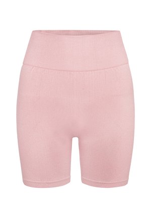 Różowe, elastyczne, krótkie legginsy z prążkowanym pasem w talii, o gładkiej fakturze i długości do kolan, zaprojektowane z myślą o komforcie i elastyczności.