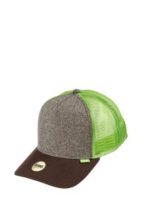 Braune Fischgrät-Stoffmütze mit grünem Netzrücken. Enthält einen braunen Schirm und ein Etikett auf der Vorderseite. Strukturiertes Sechspanel-Design.