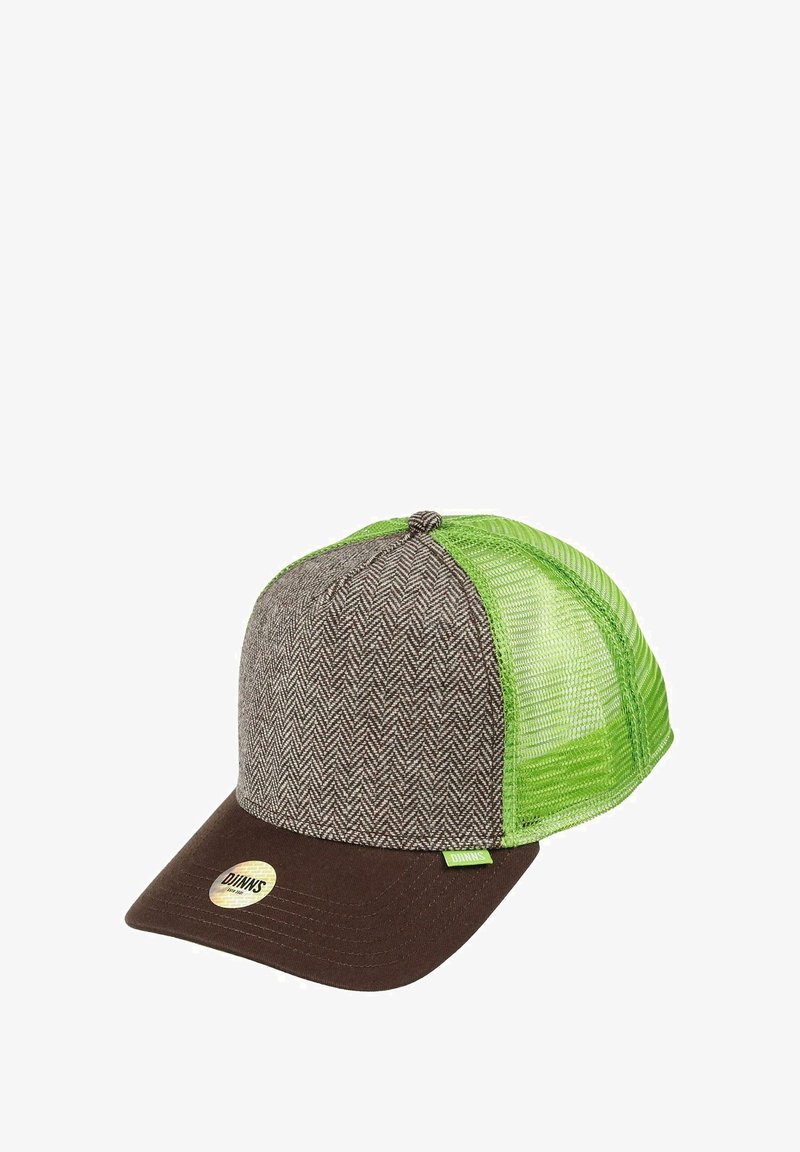 Braune Fischgrät-Stoffmütze mit grünem Netzrücken. Enthält einen braunen Schirm und ein Etikett auf der Vorderseite. Strukturiertes Sechspanel-Design.