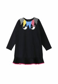 Vestido negro de manga larga con gráficos coloridos de ojos, formas triangulares en azul, rojo y amarillo, y un dobladillo con volantes y un ribete rosa.