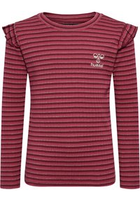 Bordeaux lange mouw top met witte en zilveren strepen, ribbelstructuur en volants op de schouders. Bevat een klein geborduurd logo.