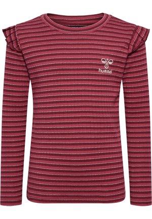Bordeaux lange mouw top met witte en zilveren strepen, ribbelstructuur en volants op de schouders. Bevat een klein geborduurd logo.