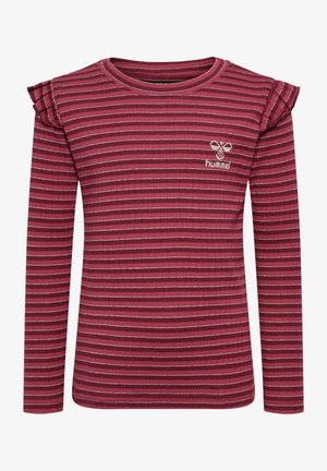 Bordeaux lange mouw top met witte en zilveren strepen, ribbelstructuur en volants op de schouders. Bevat een klein geborduurd logo.