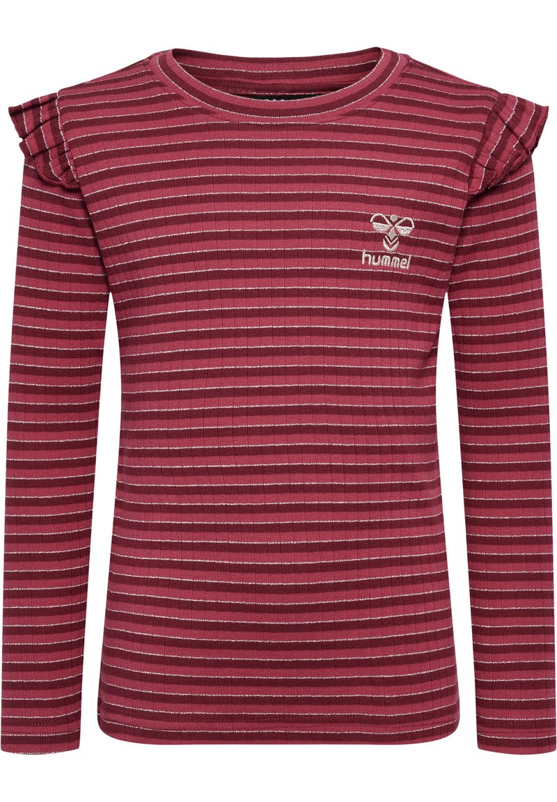Bordeaux lange mouw top met witte en zilveren strepen, ribbelstructuur en volants op de schouders. Bevat een klein geborduurd logo.