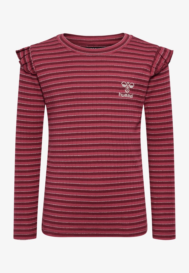 Bordeaux lange mouw top met witte en zilveren strepen, ribbelstructuur en volants op de schouders. Bevat een klein geborduurd logo.