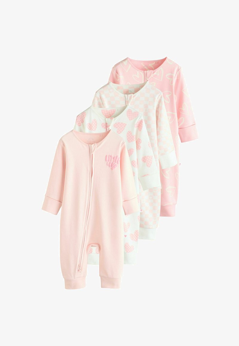 Four pastel pink and white baby onesies with long sleeves, front zippers, and heart patterns in varying designs, stacked behind each other.