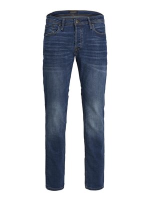 Dunkelblaue Slim-Fit-Jeans mit leichtem Verblassen, Fünf-Taschen-Design, Knopfverschluss und sichtbaren Nähten.