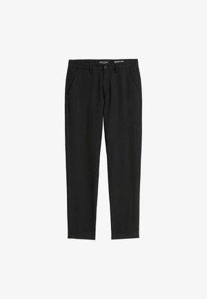 Schwarze Jogginghosen aus glattem Stoff, mit einem elastischen Taillenbund, zwei Seitentaschen und einem schmal zulaufenden Bein-Design.