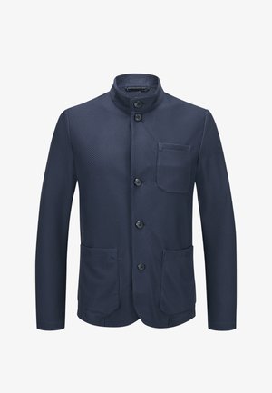 Marineblaue Jacke aus strukturiertem Stoff, mit Stehkragen, Knöpfen vorne, zwei aufgesetzten Taschen und einer linken Brusttasche.