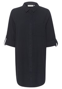 Dunkelblaues Hemd mit kurzen, aufgerollten Ärmeln und einer Brusttasche, gefertigt aus einem glatten Stoff mit lockerem Schnitt.
