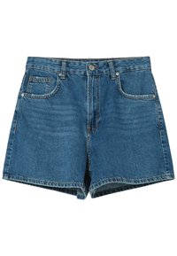 Modré džínové šortky s předním zapínáním na knoflík, páskovými smyčkami a dvěma předními kapsami, vystavené na bílém pozadí.