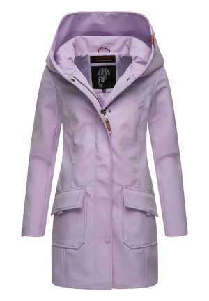 Lilac waterproof jacket with a hood, front zipper, two large front pockets, and stitched detailing. Features a branded interior label.