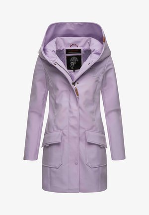 Lilac waterproof jacket with a hood, front zipper, two large front pockets, and stitched detailing. Features a branded interior label.