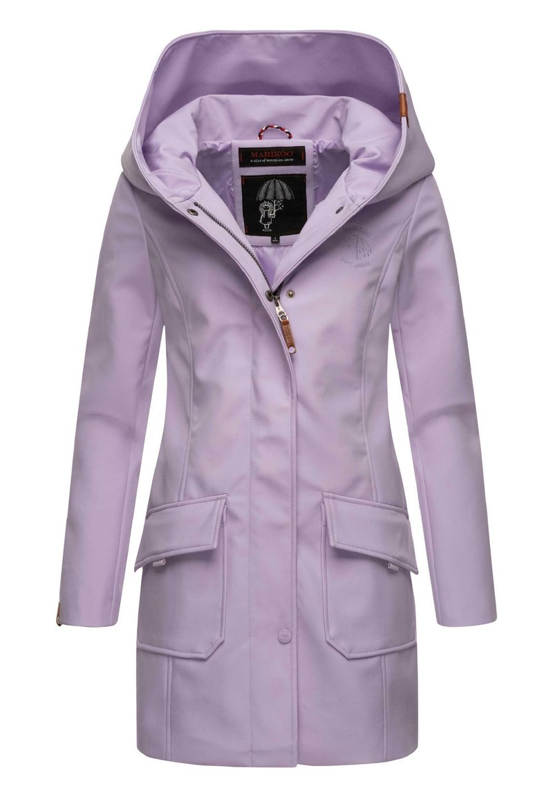 Lilac waterproof jacket with a hood, front zipper, two large front pockets, and stitched detailing. Features a branded interior label.