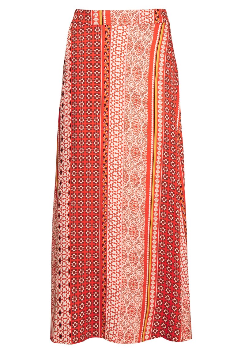 Gonna maxi rossa a fantasia con righe orizzontali e vari design geometrici. Realizzata in tessuto leggero con una texture liscia.