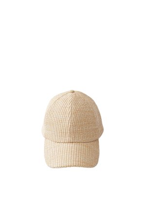 Beige geweven, getextureerde honkbalpet met een gebogen klep, zes-panelen design en een kleine stoffen knop bovenop.