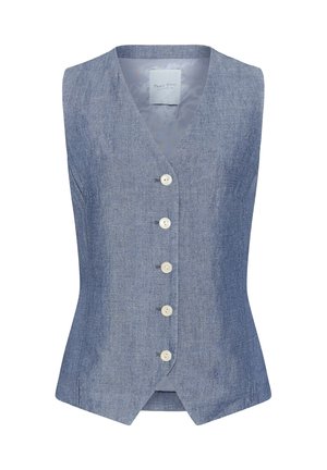 Gilet sans manches en lin bleu clair avec cinq boutons blancs, col en V, taille cintrée et légère fente à l'avant de l'ourlet.