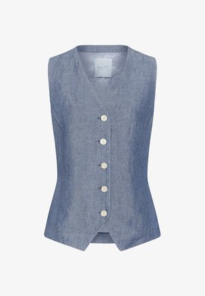 Gilet sans manches en lin bleu clair avec cinq boutons blancs, col en V, taille cintrée et légère fente à l'avant de l'ourlet.